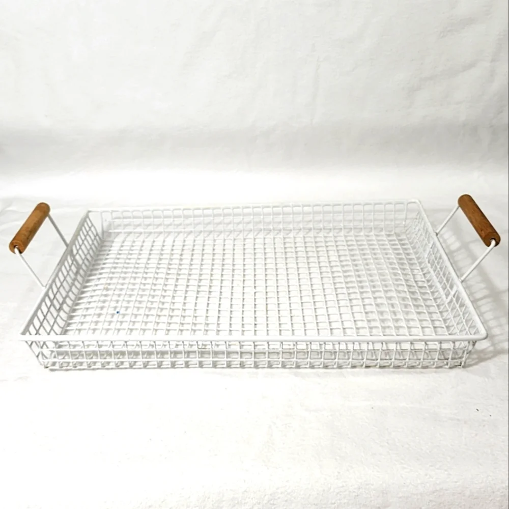 Vintage White Wire Mesh Paper Basket Tray With‎ Turned Wood Handles